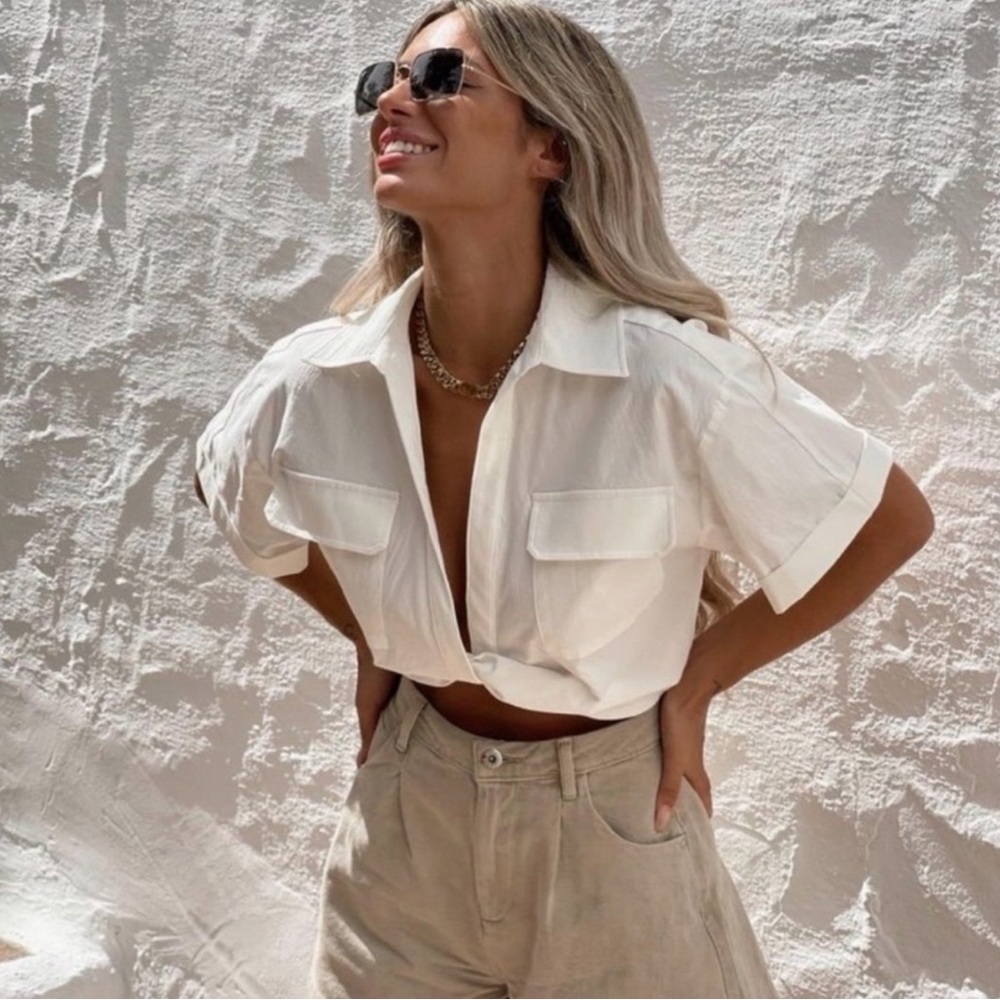 Zara Boxy Twist Hem White Collared Cropped Shirt - Picture 15 of 17